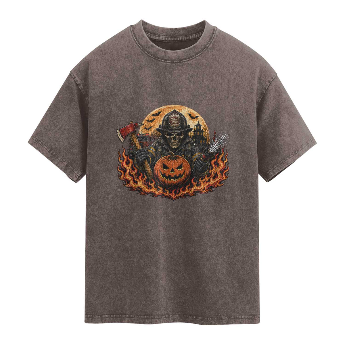 Skeleton Firefighter Pumpkin Halloween Washed Cotton T-Shirt Courage Honor Sacrifice Spooky Gift