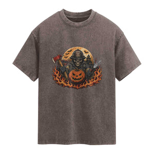 Skeleton Firefighter Pumpkin Halloween Washed Cotton T-Shirt Courage Honor Sacrifice Spooky Gift