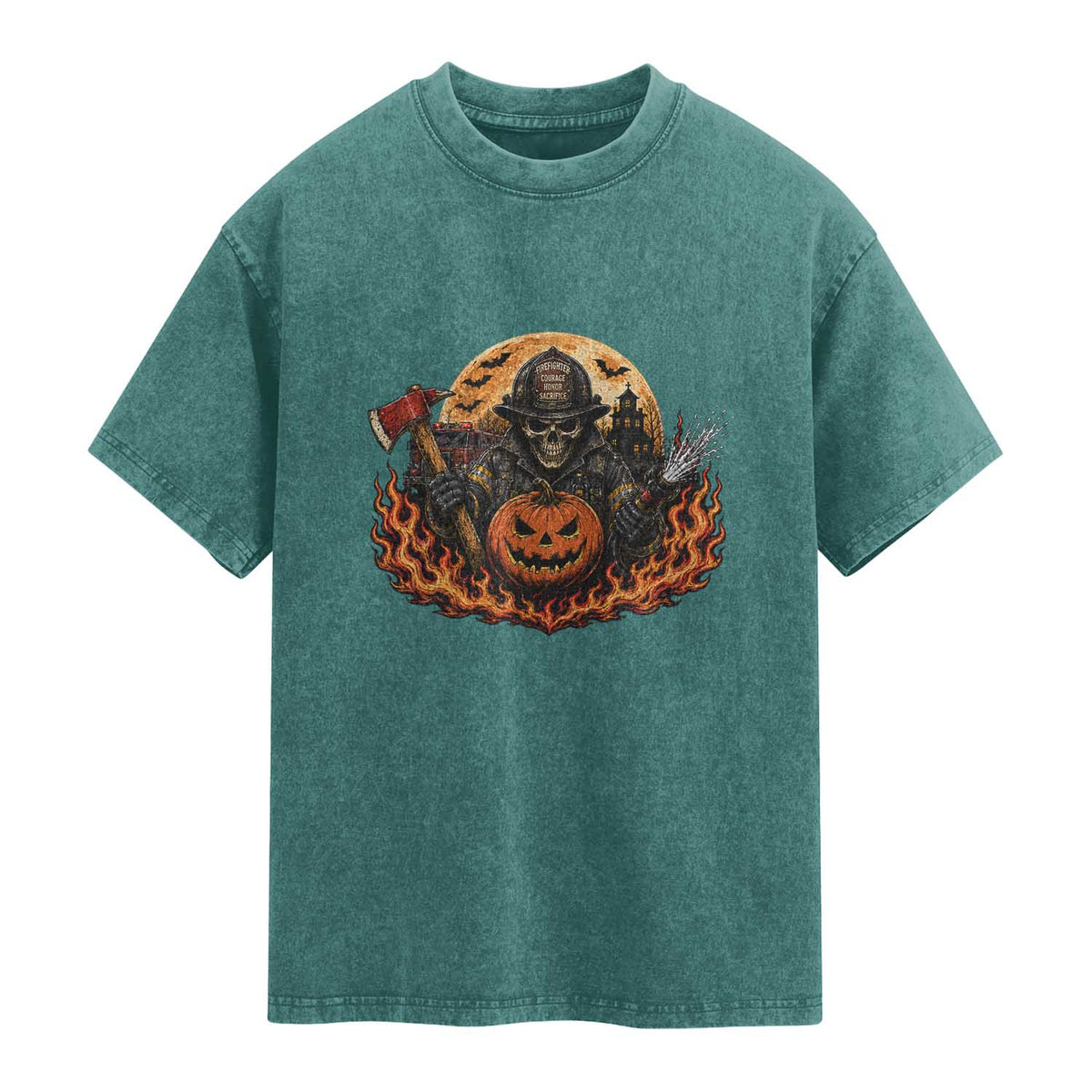 Skeleton Firefighter Pumpkin Halloween Washed Cotton T-Shirt Courage Honor Sacrifice Spooky Gift