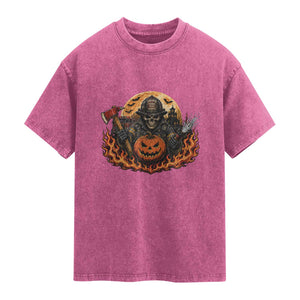 Skeleton Firefighter Pumpkin Halloween Washed Cotton T-Shirt Courage Honor Sacrifice Spooky Gift