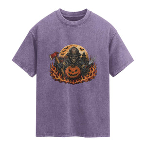 Skeleton Firefighter Pumpkin Halloween Washed Cotton T-Shirt Courage Honor Sacrifice Spooky Gift