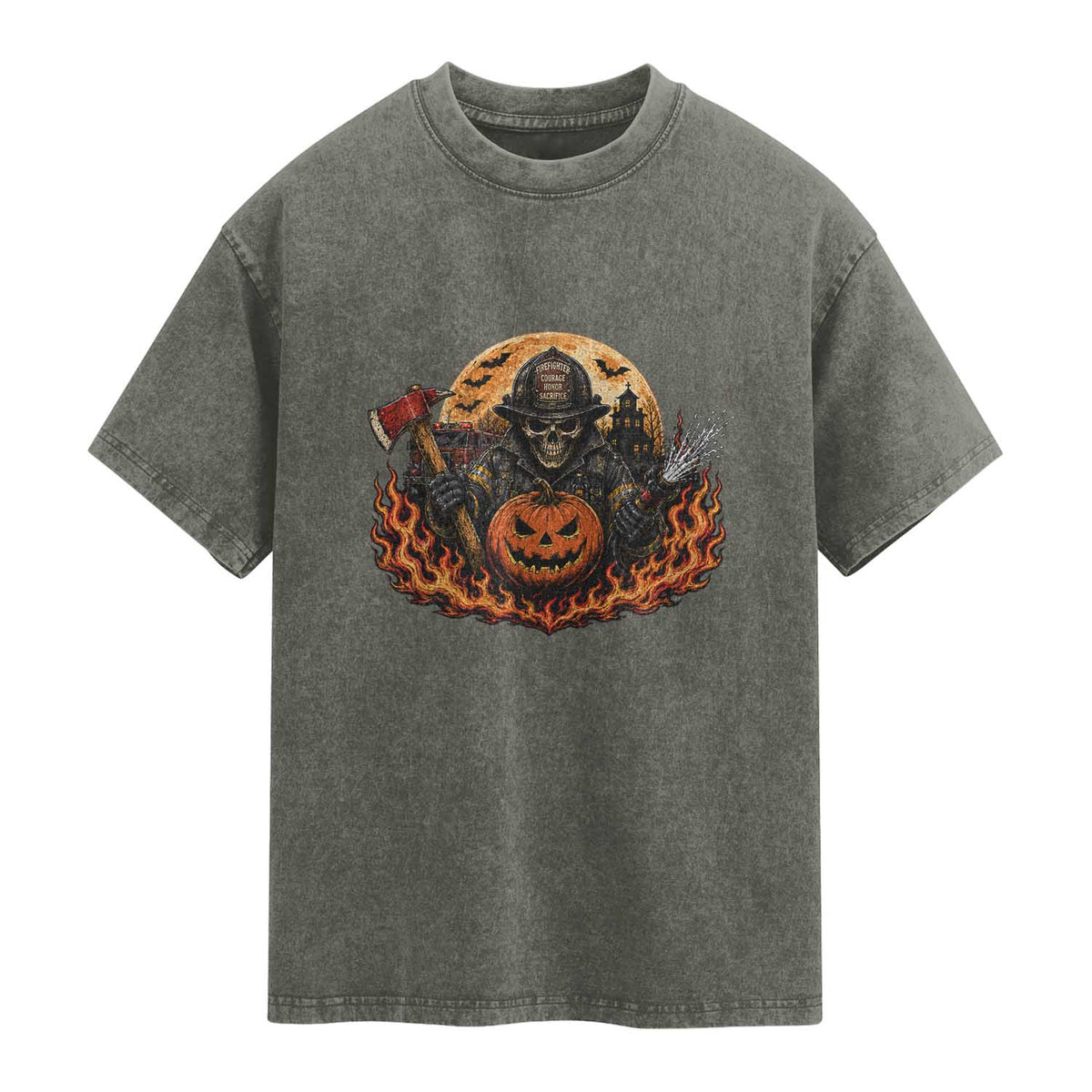 Skeleton Firefighter Pumpkin Halloween Washed Cotton T-Shirt Courage Honor Sacrifice Spooky Gift