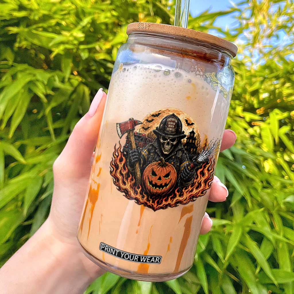 Skeleton Firefighter Pumpkin Halloween Glass Can Courage Honor Sacrifice Spooky Gift