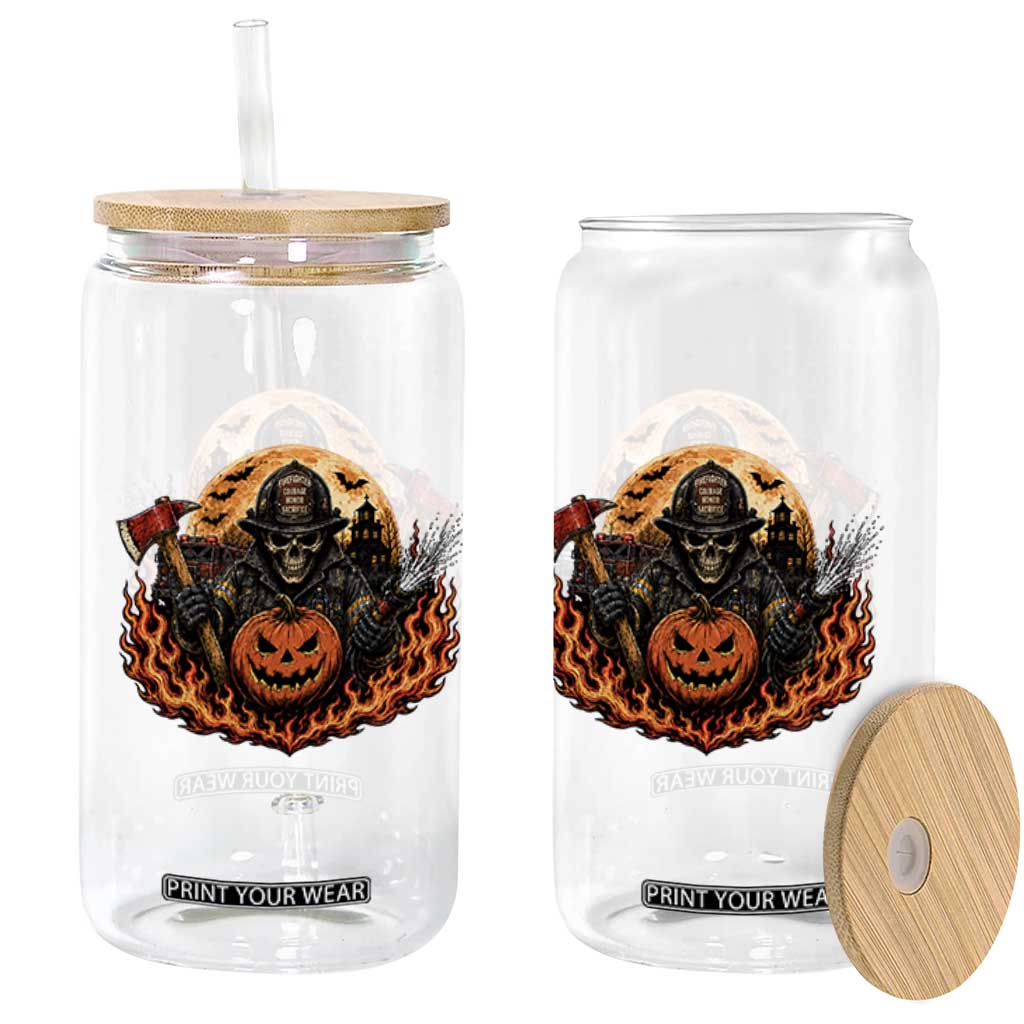 Skeleton Firefighter Pumpkin Halloween Glass Can Courage Honor Sacrifice Spooky Gift