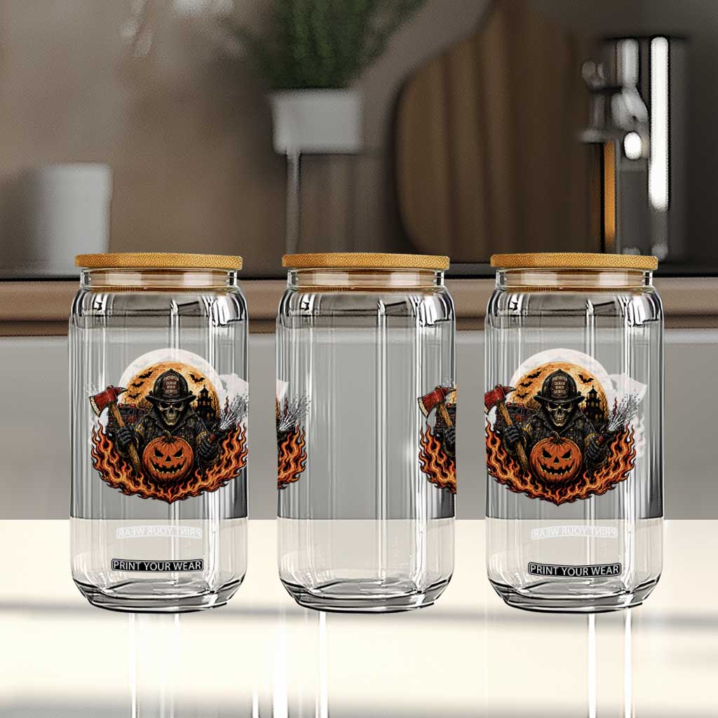 Skeleton Firefighter Pumpkin Halloween Glass Can Courage Honor Sacrifice Spooky Gift