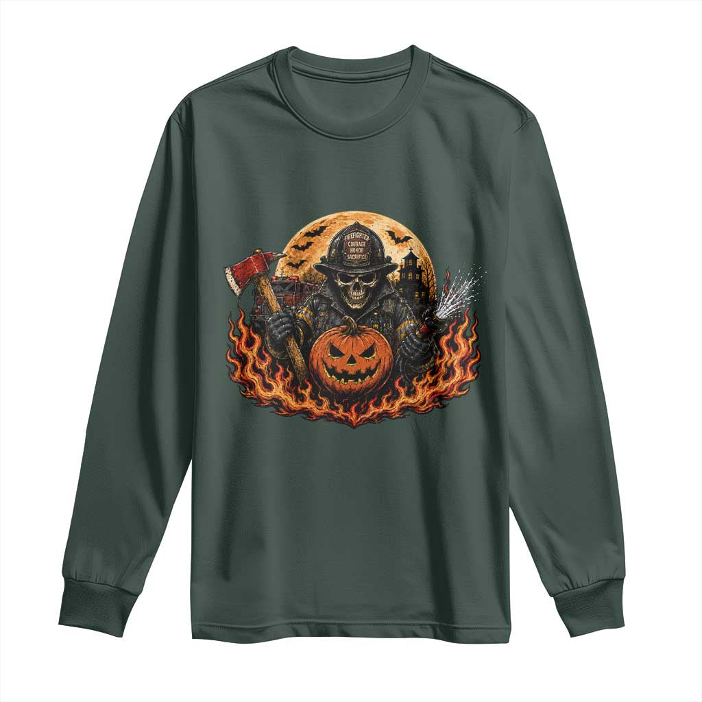 Skeleton Firefighter Pumpkin Halloween Long Sleeve Shirt Courage Honor Sacrifice Spooky Gift