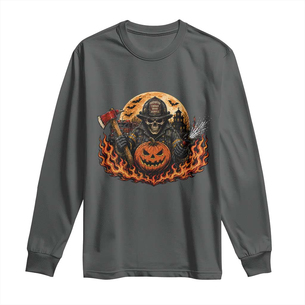 Skeleton Firefighter Pumpkin Halloween Long Sleeve Shirt Courage Honor Sacrifice Spooky Gift