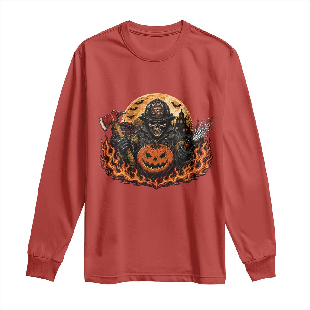 Skeleton Firefighter Pumpkin Halloween Long Sleeve Shirt Courage Honor Sacrifice Spooky Gift