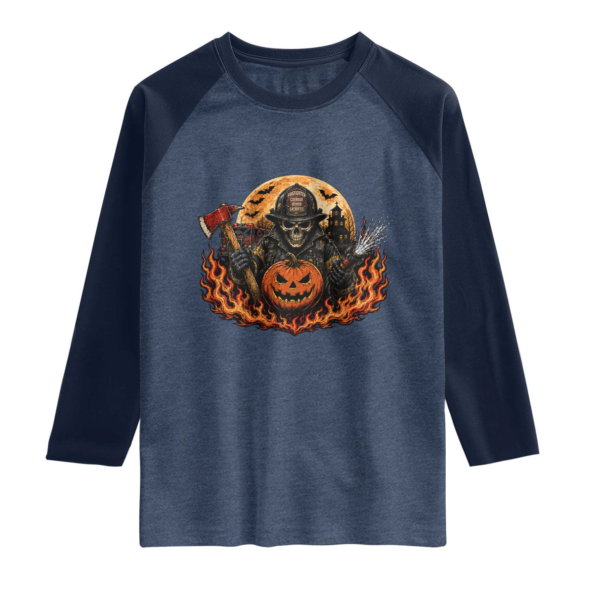 Skeleton Firefighter Pumpkin Halloween Raglan Shirt Courage Honor Sacrifice Spooky Gift