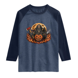 Skeleton Firefighter Pumpkin Halloween Raglan Shirt Courage Honor Sacrifice Spooky Gift
