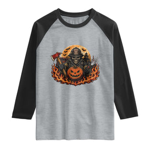 Skeleton Firefighter Pumpkin Halloween Raglan Shirt Courage Honor Sacrifice Spooky Gift