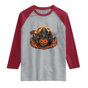 Skeleton Firefighter Pumpkin Halloween Raglan Shirt Courage Honor Sacrifice Spooky Gift