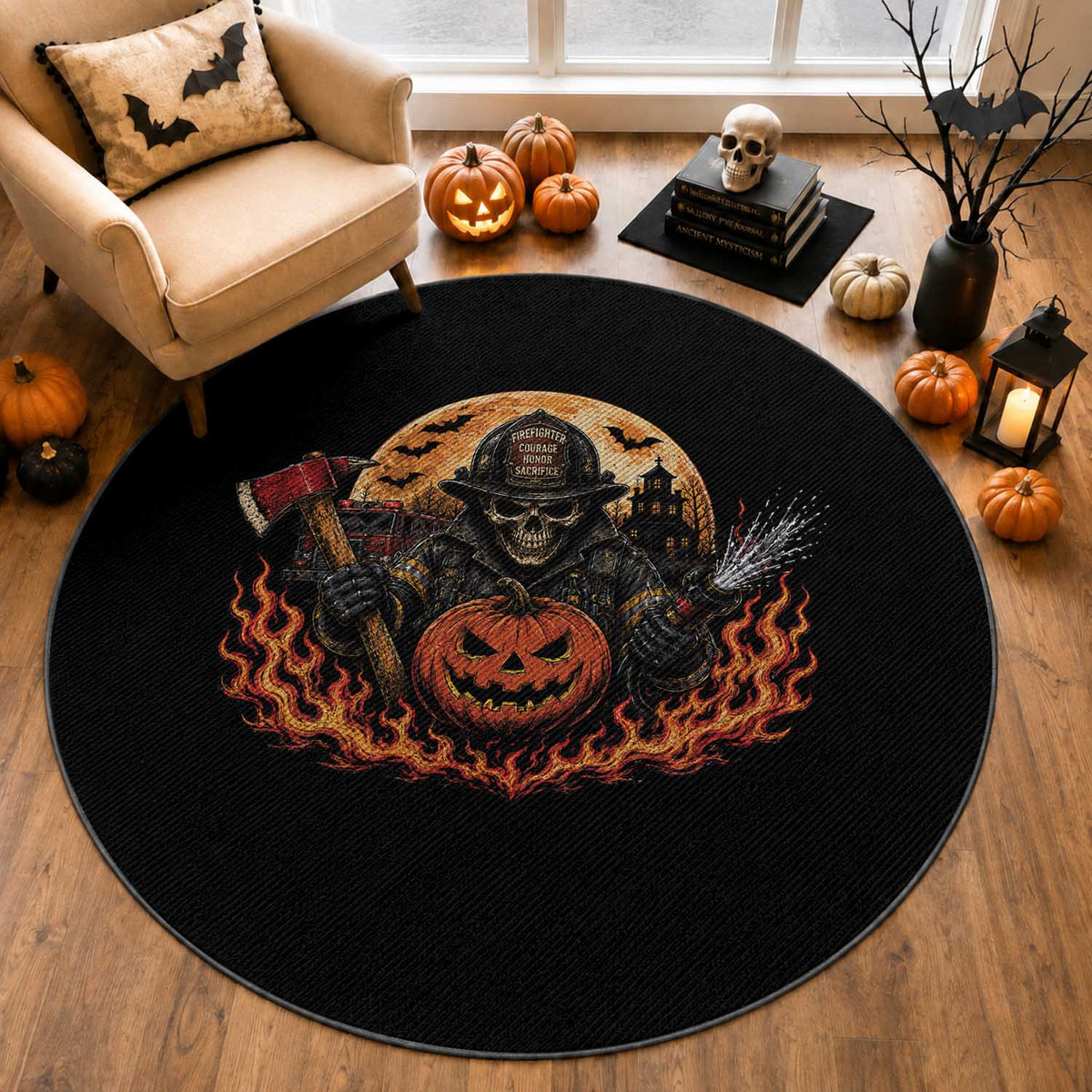 Skeleton Firefighter Pumpkin Halloween Round Rug Courage Honor Sacrifice Spooky Gift