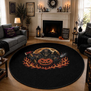 Skeleton Firefighter Pumpkin Halloween Round Rug Courage Honor Sacrifice Spooky Gift