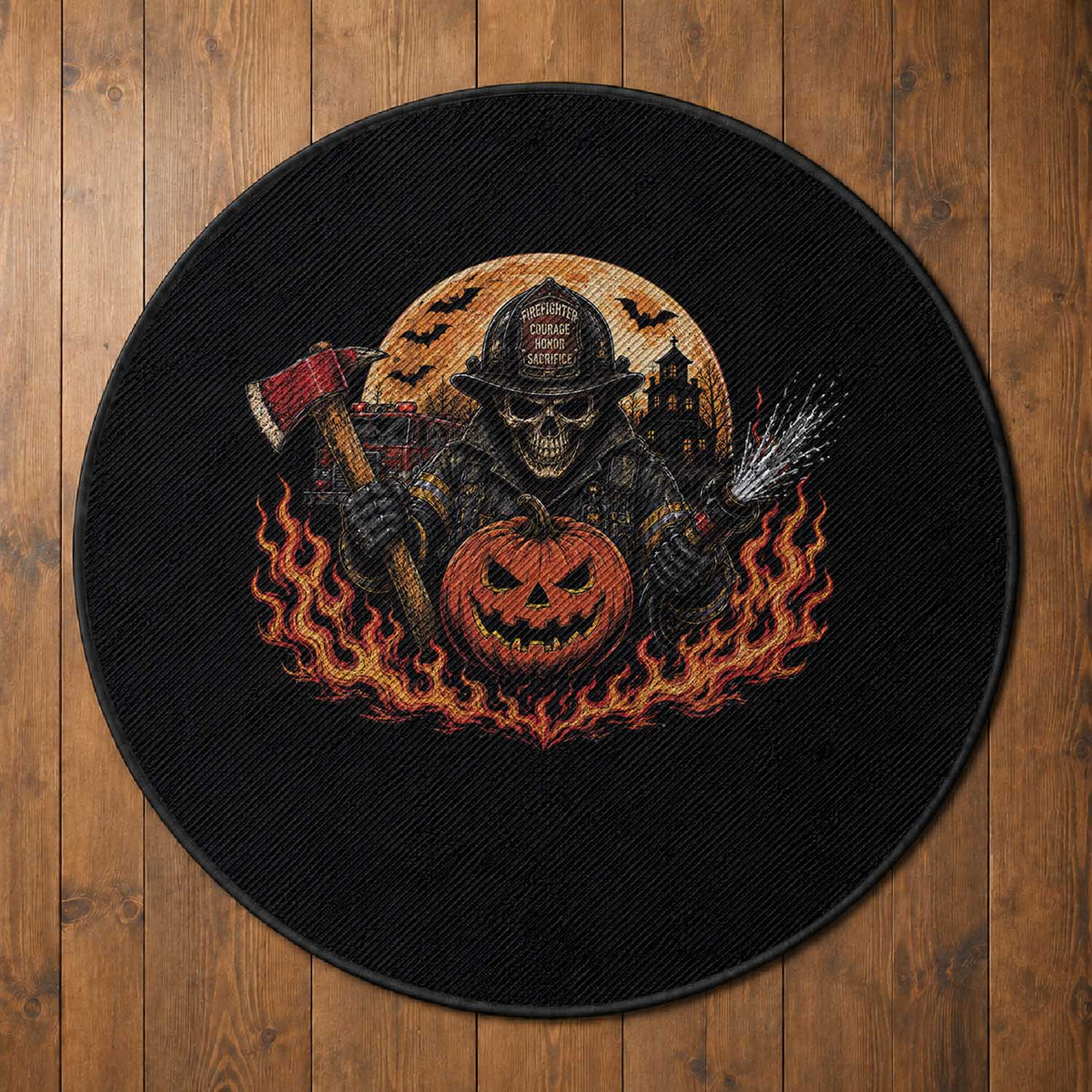 Skeleton Firefighter Pumpkin Halloween Round Rug Courage Honor Sacrifice Spooky Gift