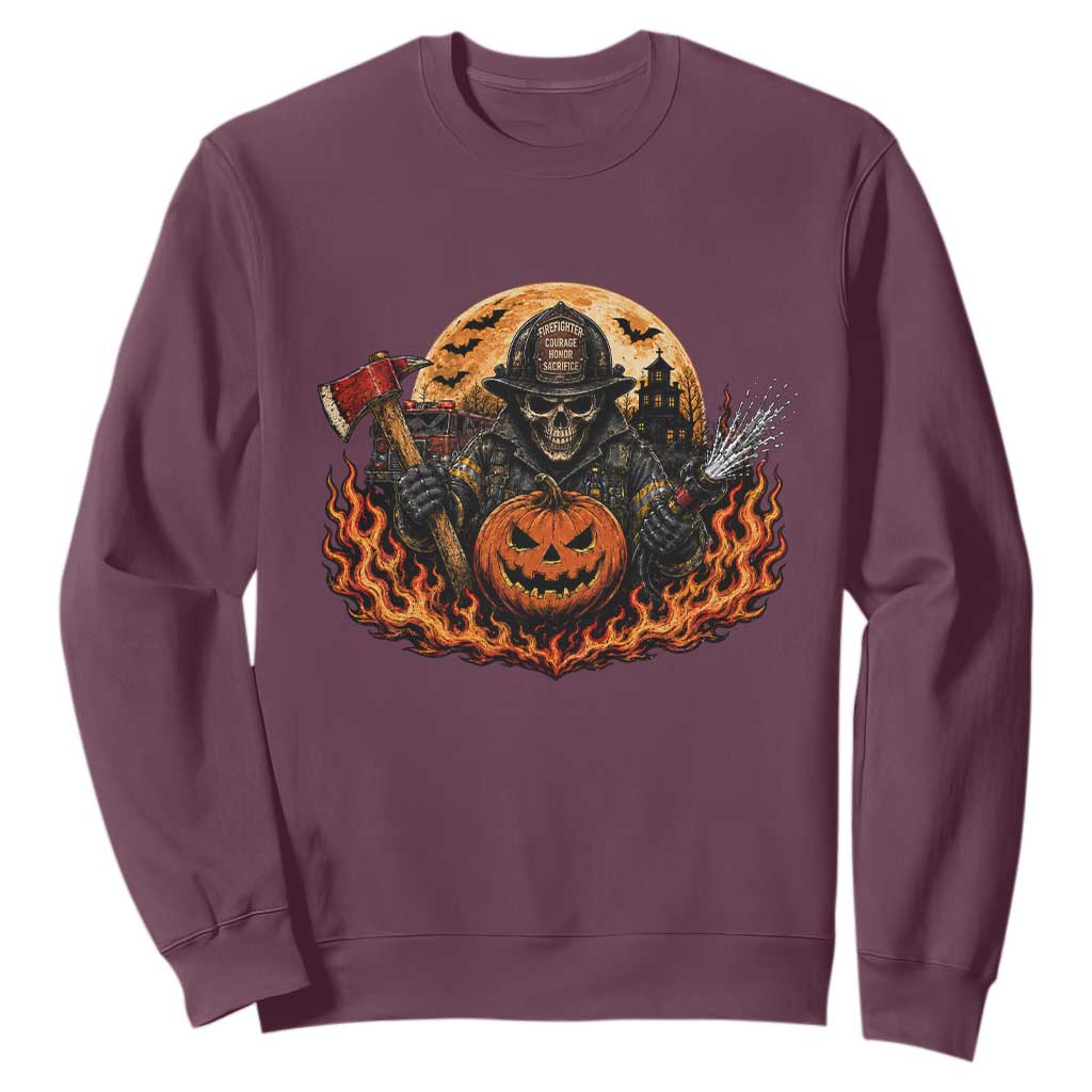 Skeleton Firefighter Pumpkin Halloween Sweatshirt Courage Honor Sacrifice Spooky Gift