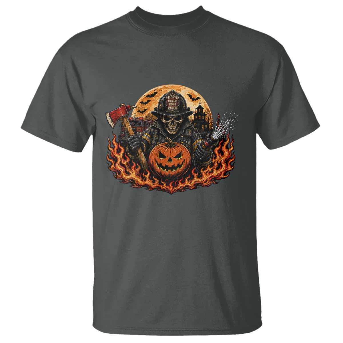 Skeleton Firefighter Pumpkin Halloween T Shirt Courage Honor Sacrifice Spooky Gift