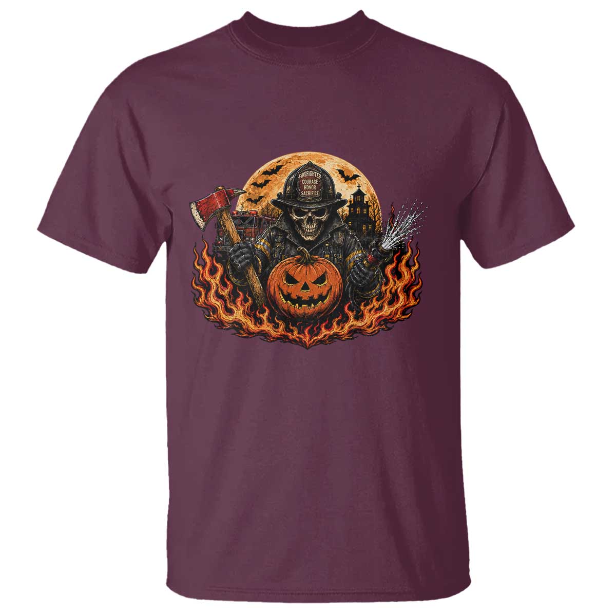Skeleton Firefighter Pumpkin Halloween T Shirt Courage Honor Sacrifice Spooky Gift