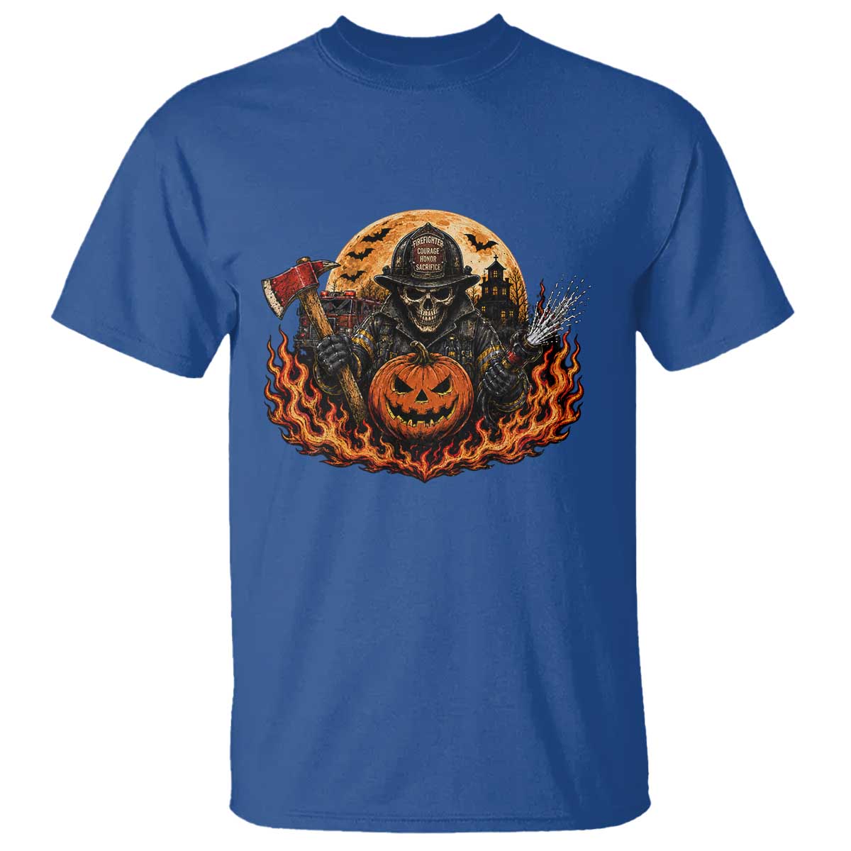 Skeleton Firefighter Pumpkin Halloween T Shirt Courage Honor Sacrifice Spooky Gift