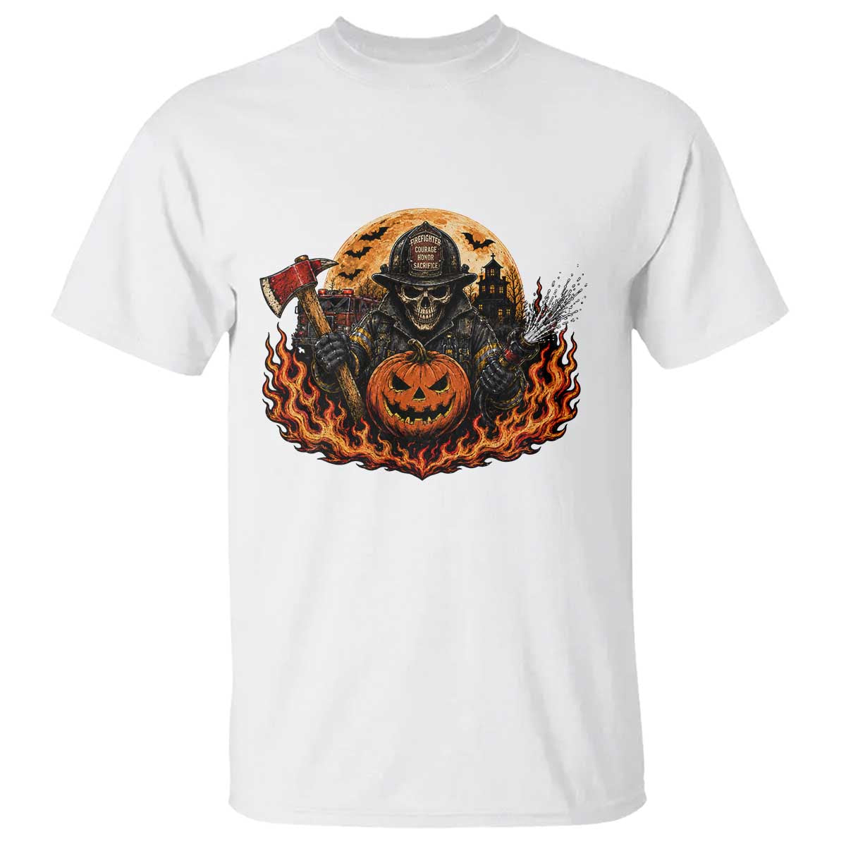 Skeleton Firefighter Pumpkin Halloween T Shirt Courage Honor Sacrifice Spooky Gift