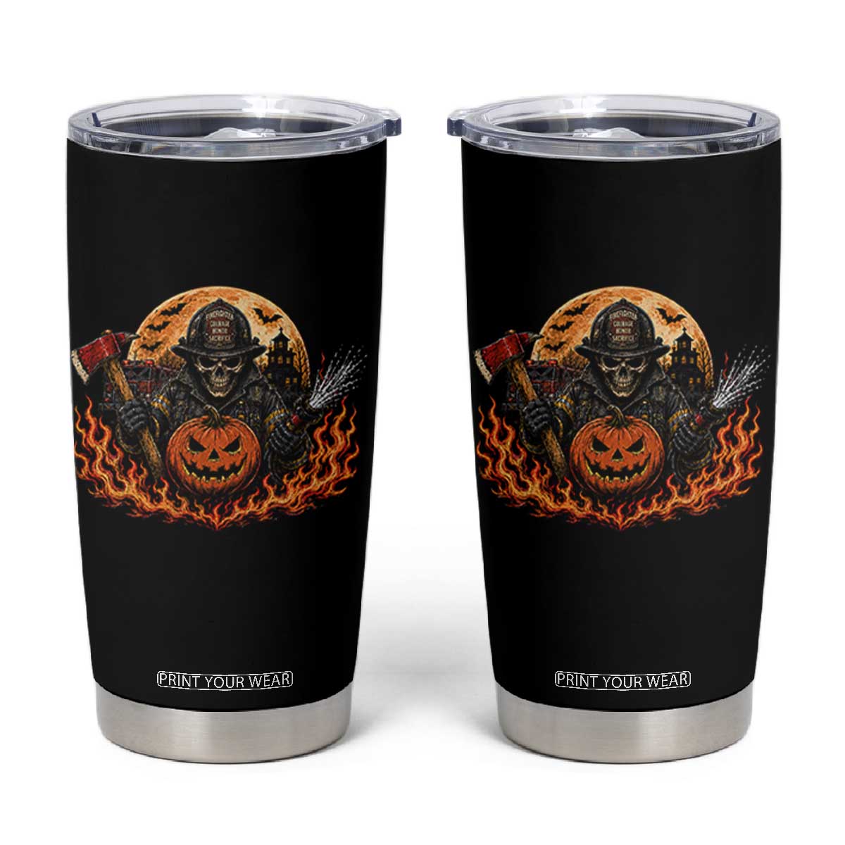 Skeleton Firefighter Pumpkin Halloween Tumbler Cup Courage Honor Sacrifice Spooky Gift