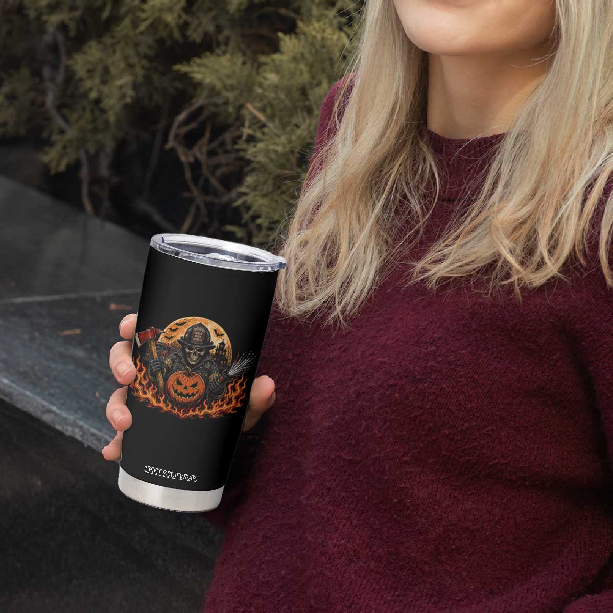 Skeleton Firefighter Pumpkin Halloween Tumbler Cup Courage Honor Sacrifice Spooky Gift