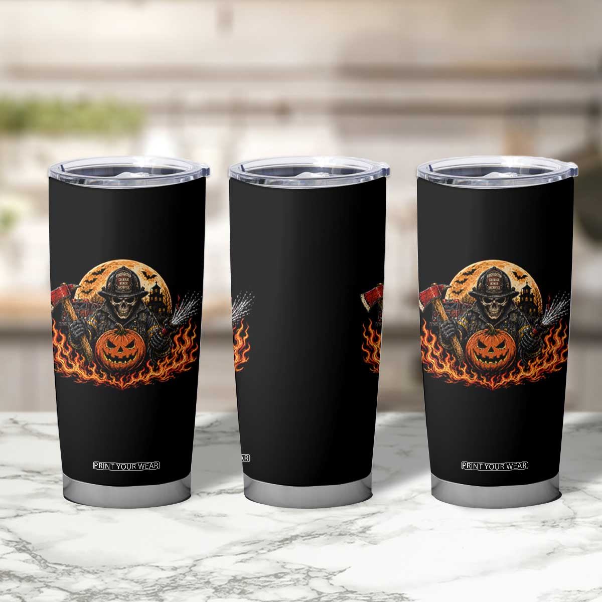 Skeleton Firefighter Pumpkin Halloween Tumbler Cup Courage Honor Sacrifice Spooky Gift