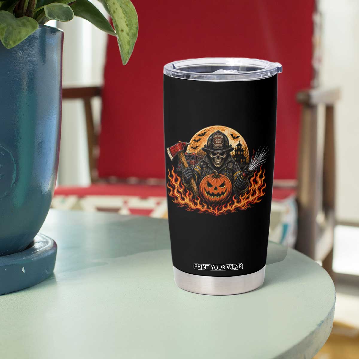 Skeleton Firefighter Pumpkin Halloween Tumbler Cup Courage Honor Sacrifice Spooky Gift