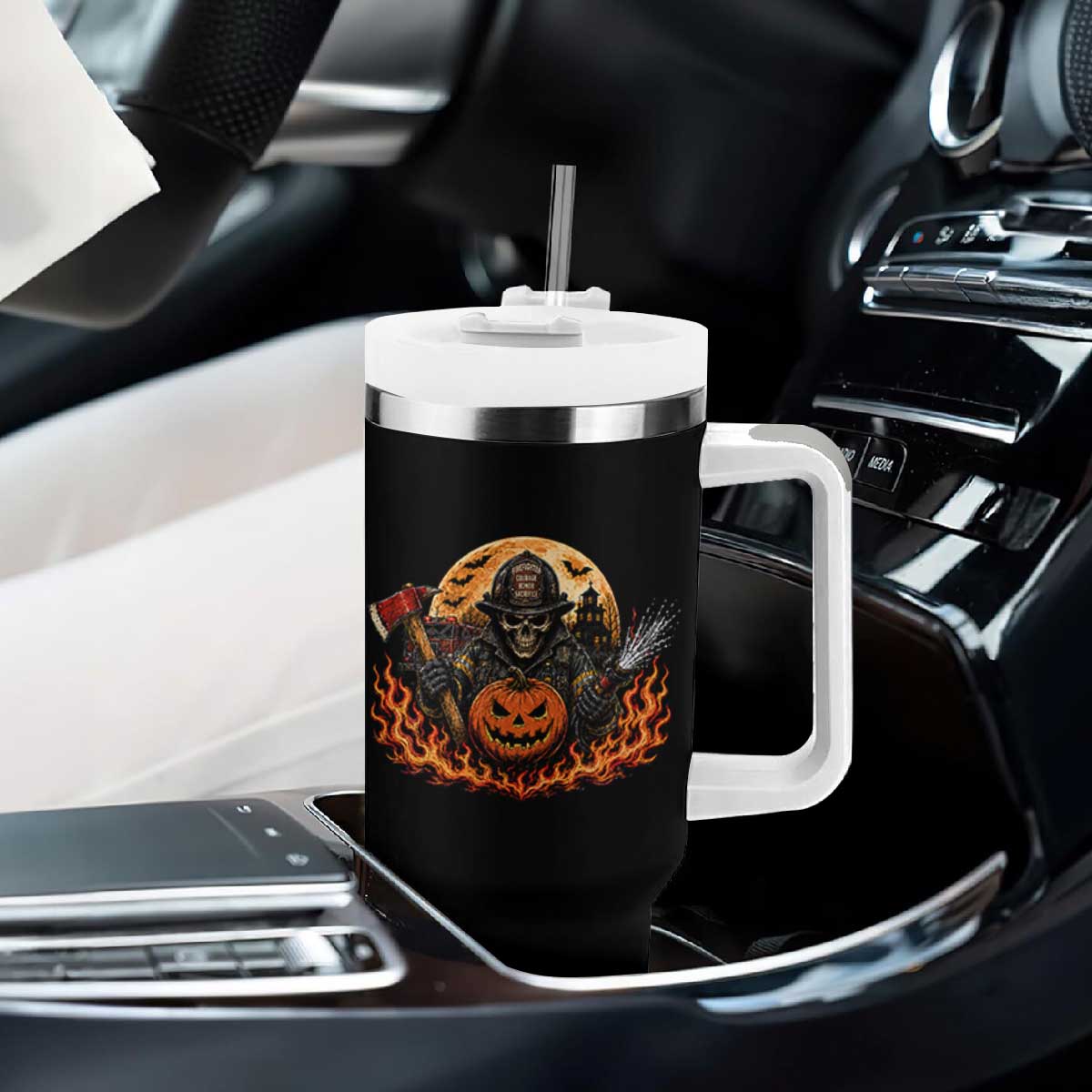 Skeleton Firefighter Pumpkin Halloween Tumbler With Handle Courage Honor Sacrifice Spooky Gift