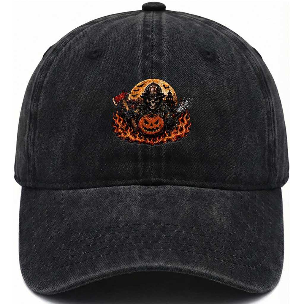 Skeleton Firefighter Pumpkin Halloween Washed Cotton Baseball Cap Courage Honor Sacrifice Spooky Gift