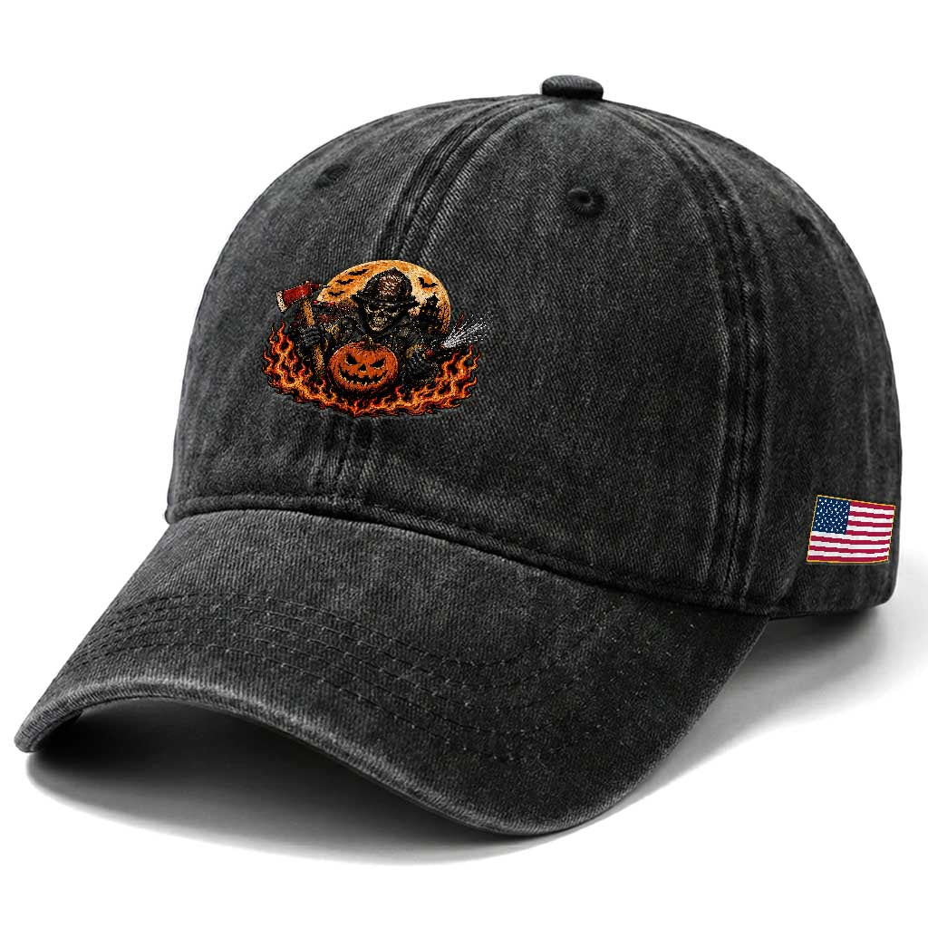 Skeleton Firefighter Pumpkin Halloween Washed Cotton Baseball Cap Courage Honor Sacrifice Spooky Gift