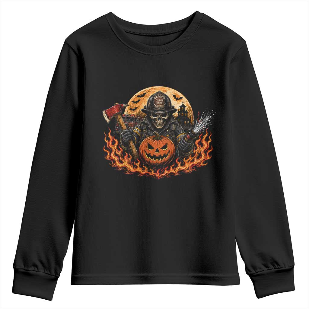 Skeleton Firefighter Pumpkin Halloween Youth Sweatshirt Courage Honor Sacrifice Spooky Gift