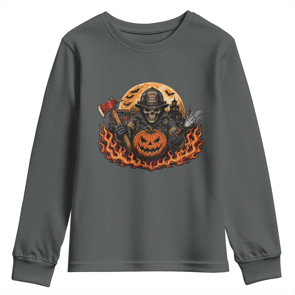 Skeleton Firefighter Pumpkin Halloween Youth Sweatshirt Courage Honor Sacrifice Spooky Gift