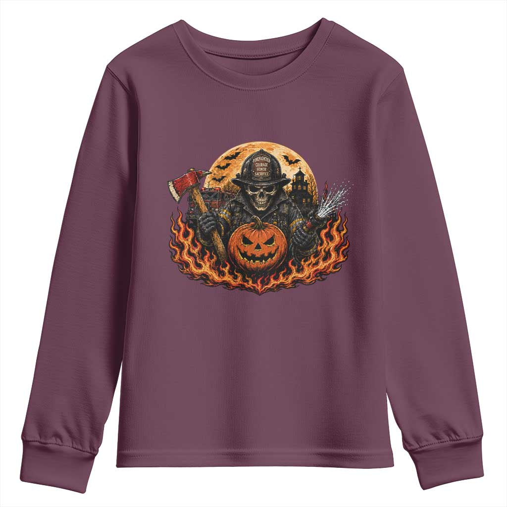 Skeleton Firefighter Pumpkin Halloween Youth Sweatshirt Courage Honor Sacrifice Spooky Gift