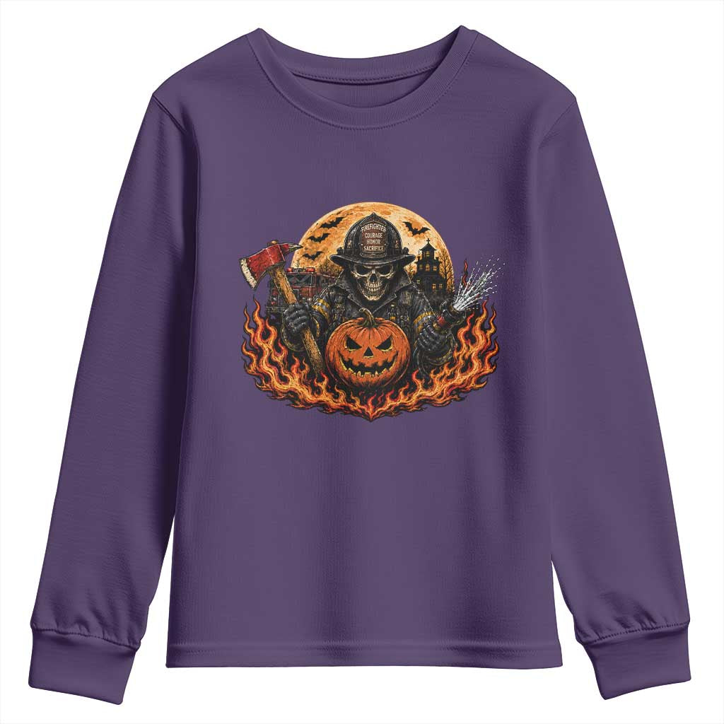 Skeleton Firefighter Pumpkin Halloween Youth Sweatshirt Courage Honor Sacrifice Spooky Gift