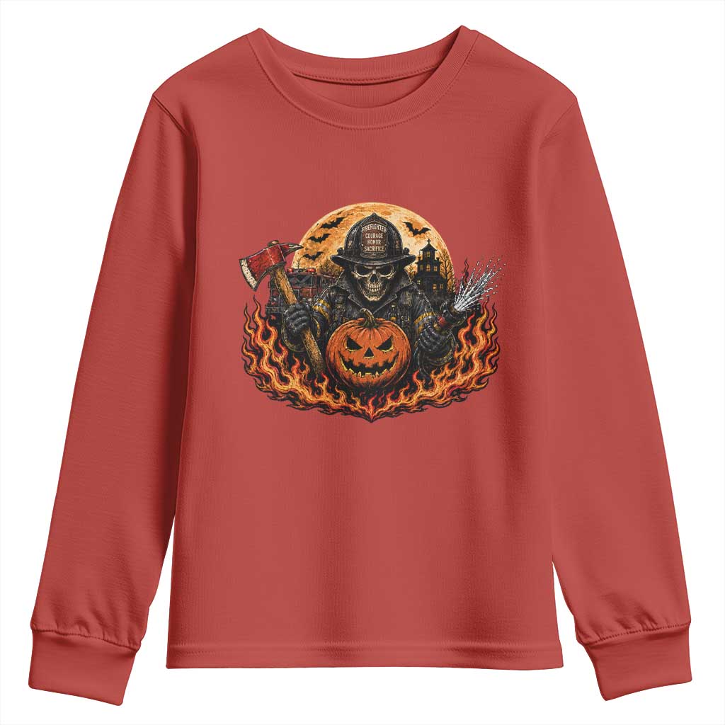 Skeleton Firefighter Pumpkin Halloween Youth Sweatshirt Courage Honor Sacrifice Spooky Gift