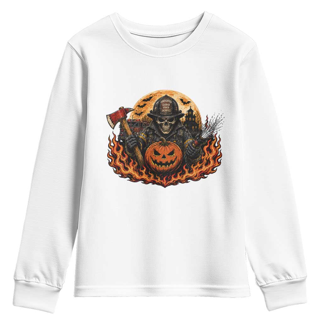 Skeleton Firefighter Pumpkin Halloween Youth Sweatshirt Courage Honor Sacrifice Spooky Gift