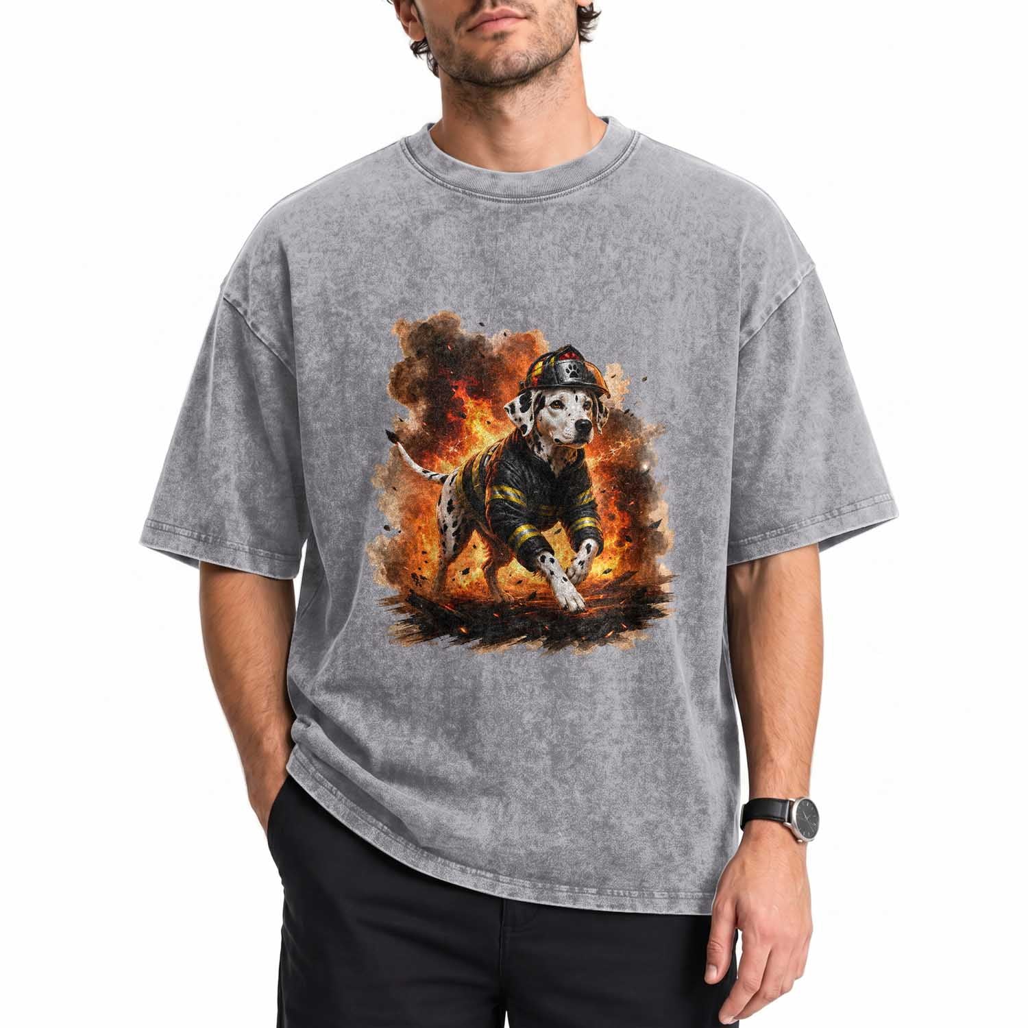 Dalmatian Firefighter Hero Washed Cotton T-Shirt Fire Engine Rescue Dog Lover Gift