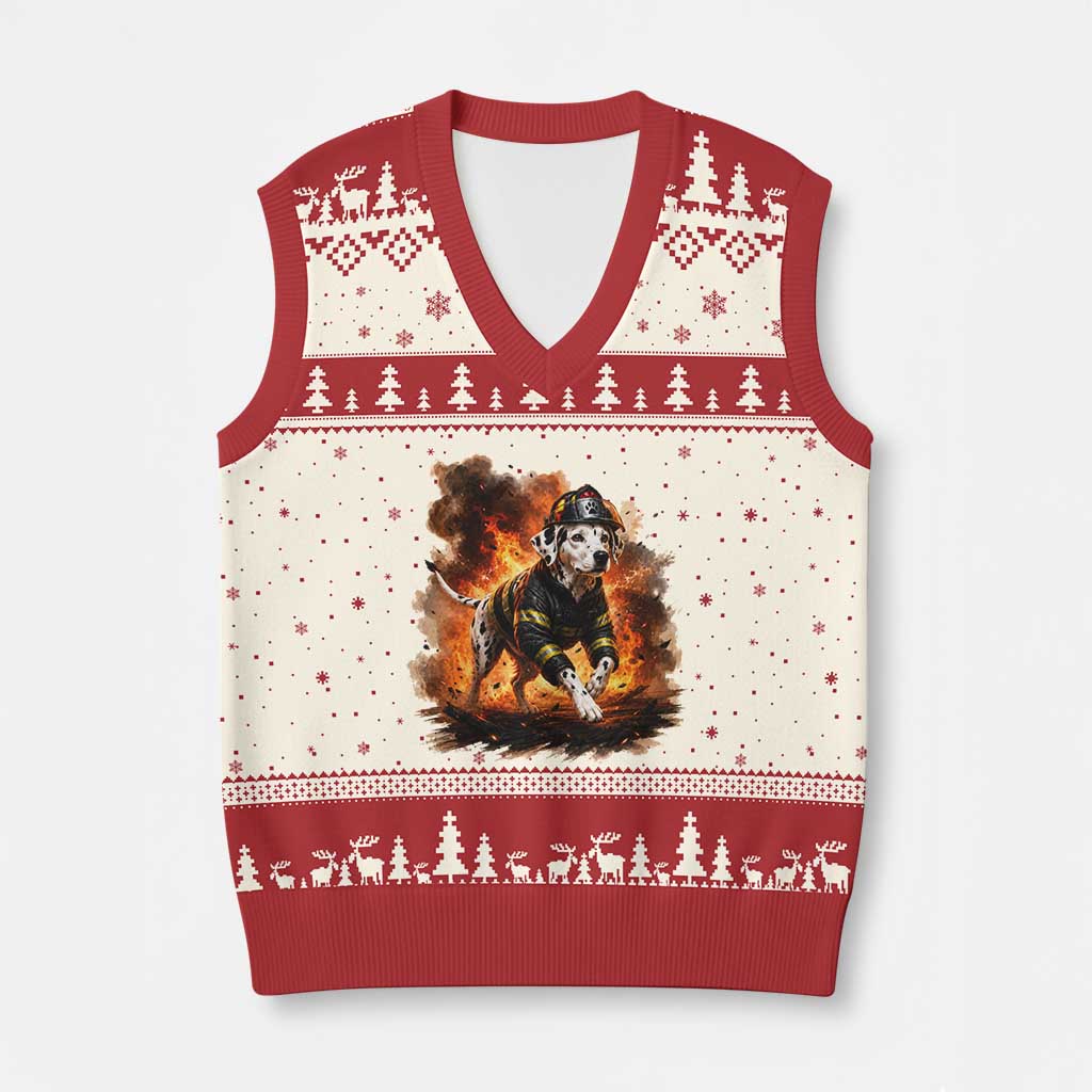 Dalmatian Firefighter Hero V-Neck Knit Sweater Vest Fire Engine Rescue Dog Lover Gift