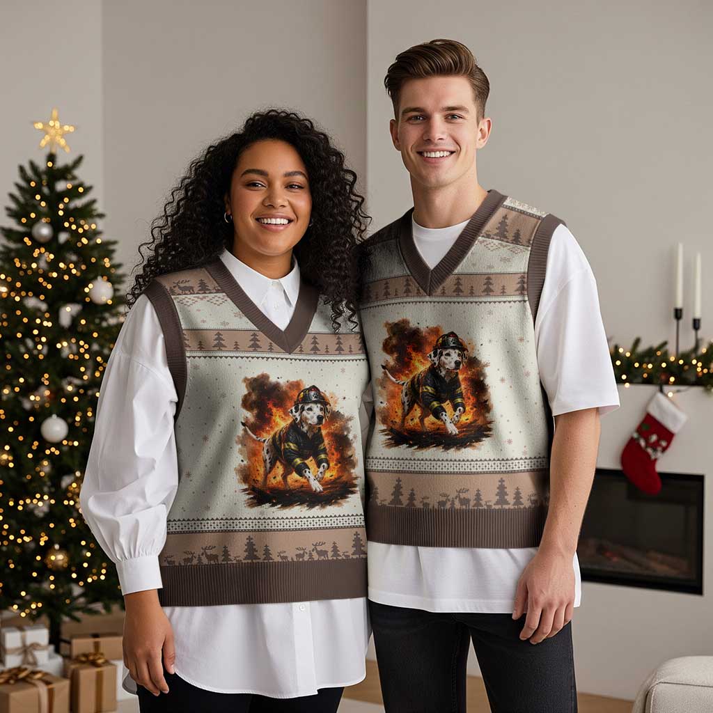 Dalmatian Firefighter Hero V-Neck Knit Sweater Vest Fire Engine Rescue Dog Lover Gift