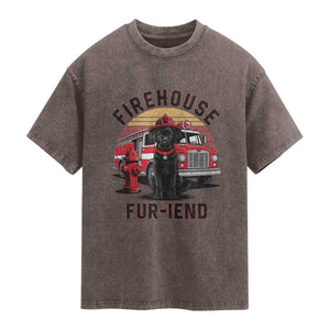 Firehouse Furiend Black Labrador Firefighter Washed Cotton T-Shirt Fire Engine Rescue Dog Lover Gift