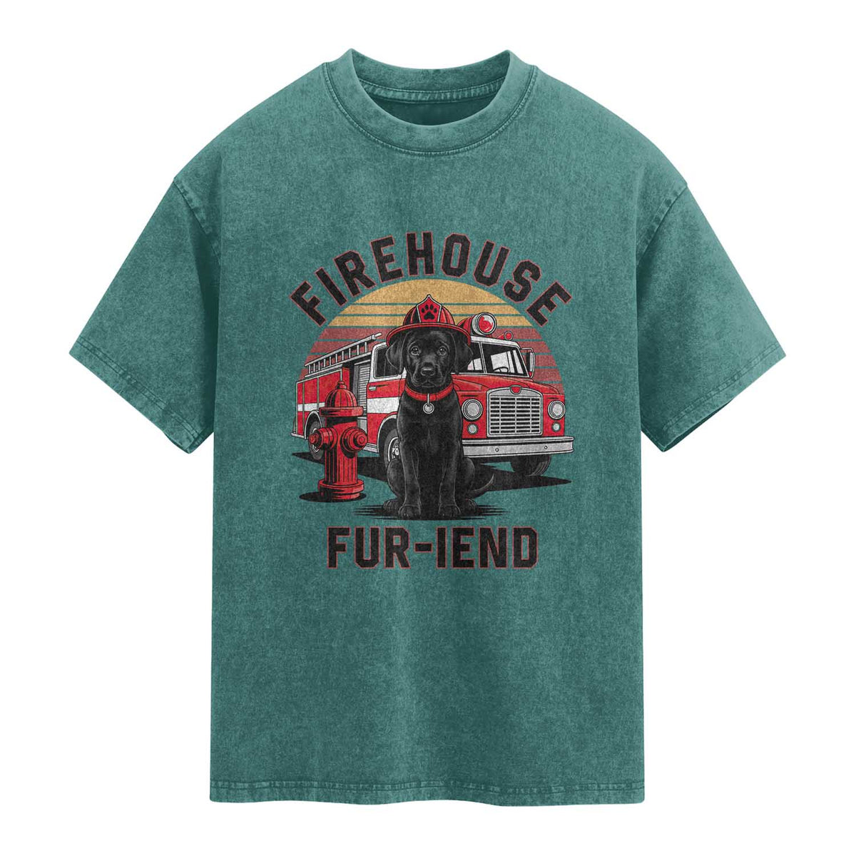 Firehouse Furiend Black Labrador Firefighter Washed Cotton T-Shirt Fire Engine Rescue Dog Lover Gift