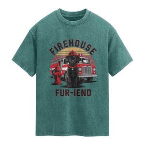 Firehouse Furiend Black Labrador Firefighter Washed Cotton T-Shirt Fire Engine Rescue Dog Lover Gift