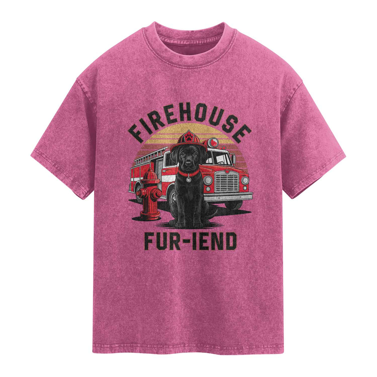 Firehouse Furiend Black Labrador Firefighter Washed Cotton T-Shirt Fire Engine Rescue Dog Lover Gift