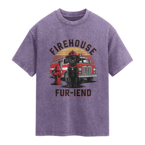 Firehouse Furiend Black Labrador Firefighter Washed Cotton T-Shirt Fire Engine Rescue Dog Lover Gift