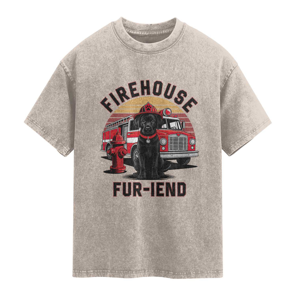 Firehouse Furiend Black Labrador Firefighter Washed Cotton T-Shirt Fire Engine Rescue Dog Lover Gift