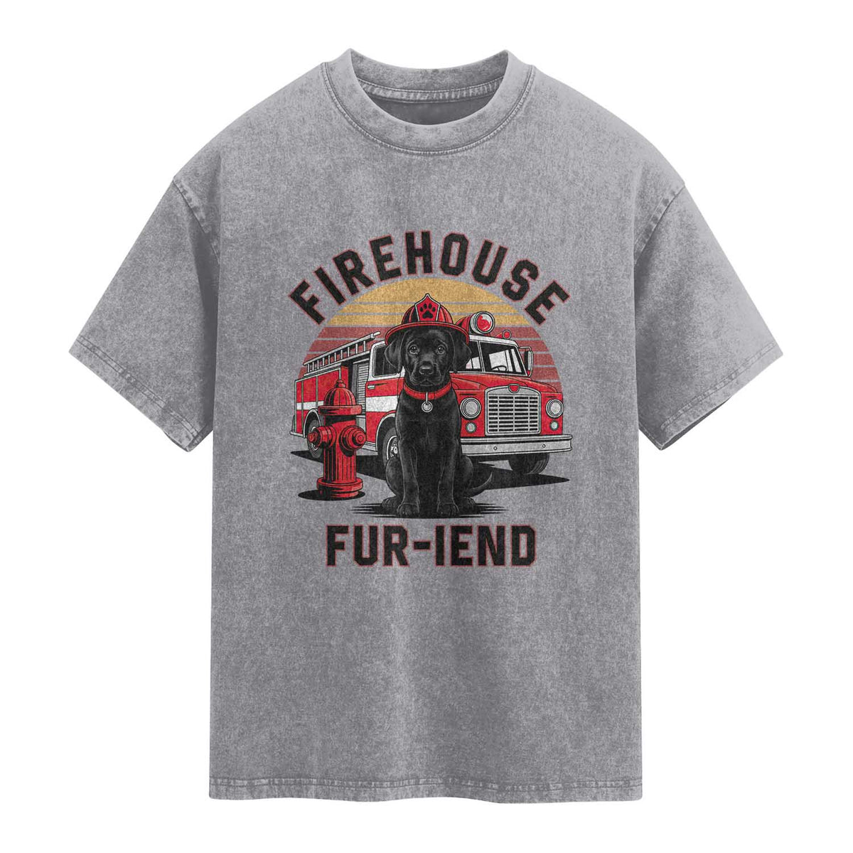 Firehouse Furiend Black Labrador Firefighter Washed Cotton T-Shirt Fire Engine Rescue Dog Lover Gift