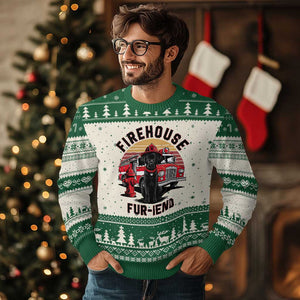 Firehouse Furiend Black Labrador Firefighter Ugly Christmas Sweater Fire Engine Rescue Dog Lover Gift