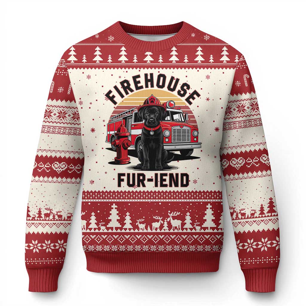 Firehouse Furiend Black Labrador Firefighter Ugly Christmas Sweater Fire Engine Rescue Dog Lover Gift