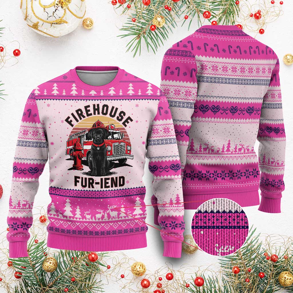 Firehouse Furiend Black Labrador Firefighter Ugly Christmas Sweater Fire Engine Rescue Dog Lover Gift